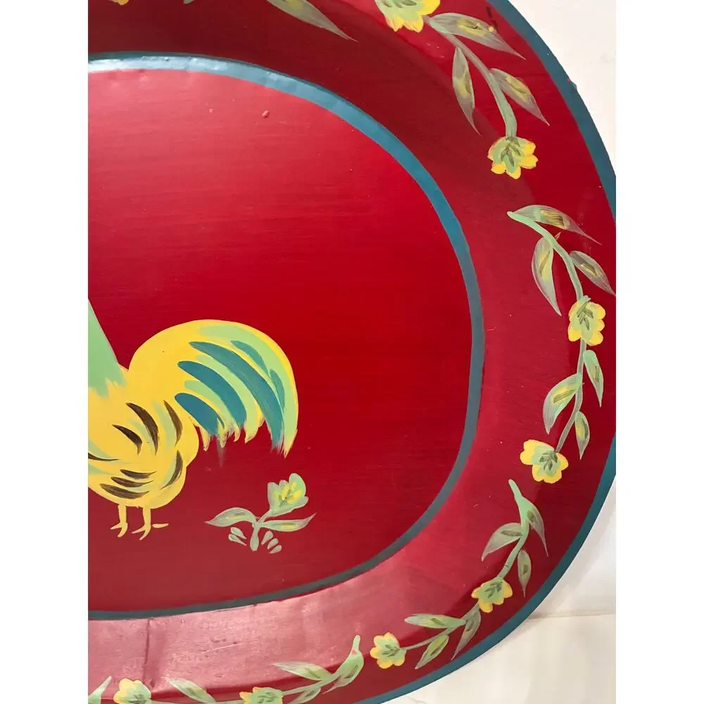 Tole Rooster Serving Tray Metal Oval Painted Red Large Vintage Farmhouse Cottage